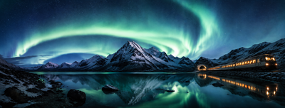 Passenger train leaving a tunnel portal in a snow-covered mountain landscape under the northern lights